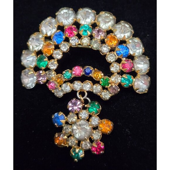 Vintage Multicolor Fruit Salad Goldtone Crystal Brooch with Dangle - Picture 1 of 4